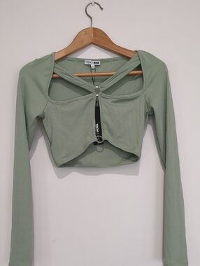 Fashion Nova Sage Green Long Sleeve Cutout Crop Top